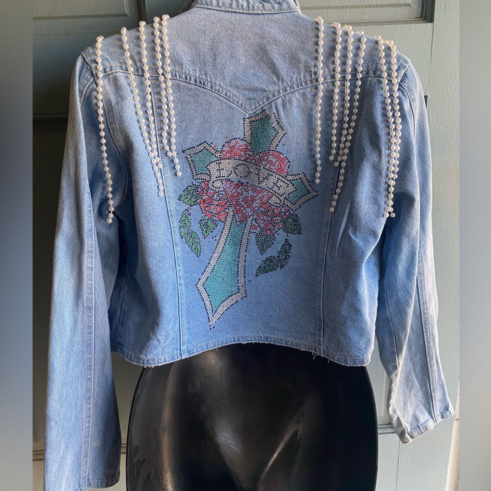 Embellished Denim Jacket with Cross and Heart Design
